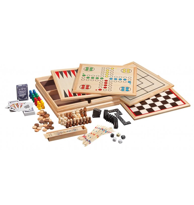 Jeux de société en bois, mikado backgammon dames marelle dominos échecs dés