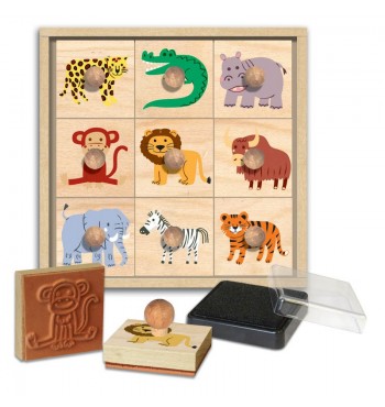 Coffret tampons étui animaux savane loisir créatif jeu bois kit pour enfants