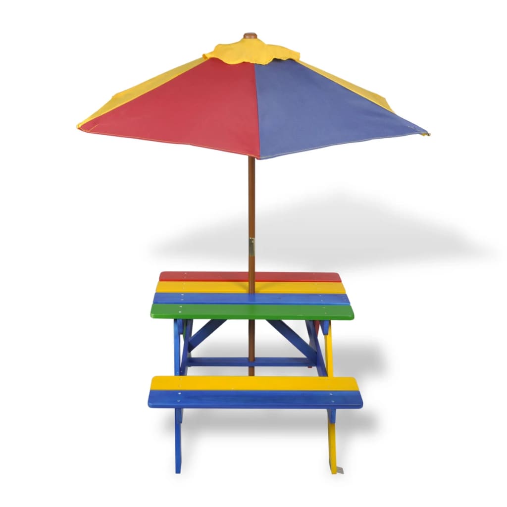 Table, bancs et parasol enfants en bois coloré pique nique picnic mobilier jeu extérieur été soleil
