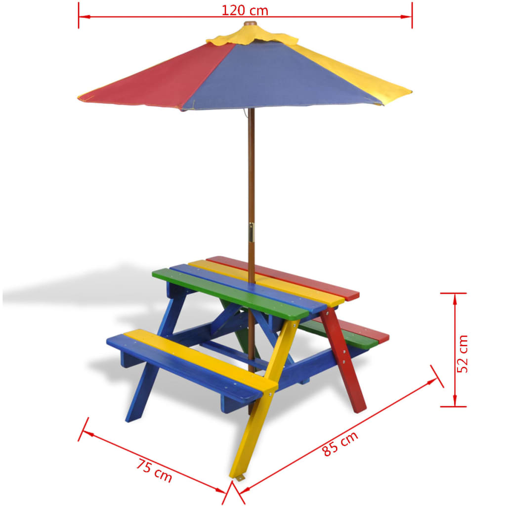 dimensions Table, bancs et parasol enfants en bois coloré pique nique picnic mobilier jeu extérieur été soleil