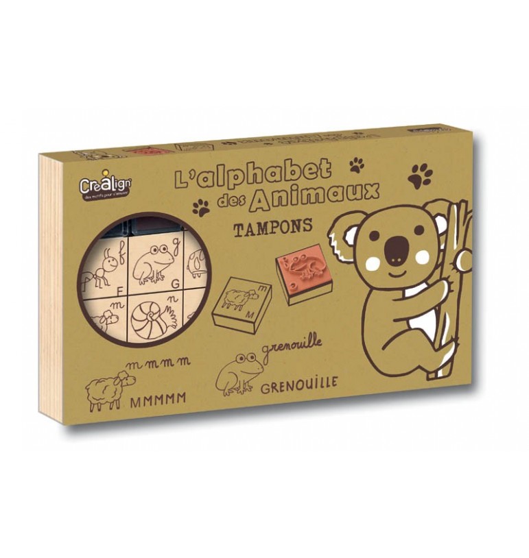 Coffret tampons étui alphabet des animaux loisir créatif jeu bois kit pour enfants