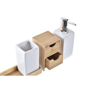 Set de toilette pour salle de bain en bambou blanc naturel savon pot brosse dents rangement