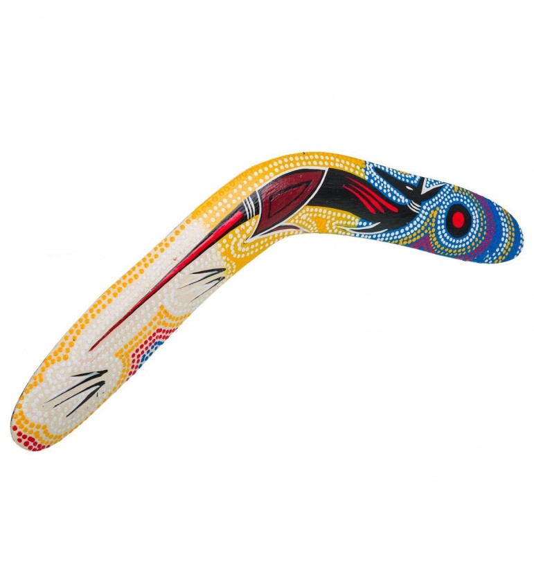 Boomerang indigène jaune et bleu en bois KANGOROU sport retour lancer