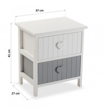 dimensions Table de chevet 2 tiroirs gris et blanc bouton coeur lames