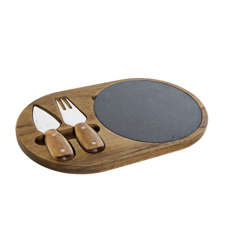 Service plateau fromages rond ardoise bois acacia massif couteau inoxydable fourchette
