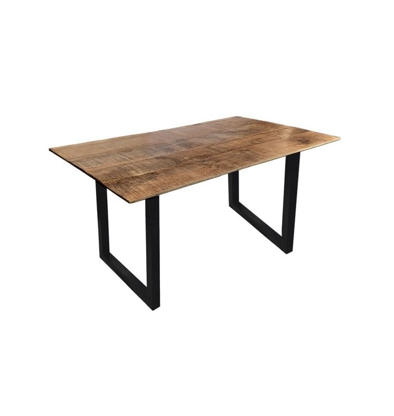 Table salle à manger bois manguier massif vieilli pieds métal U noir