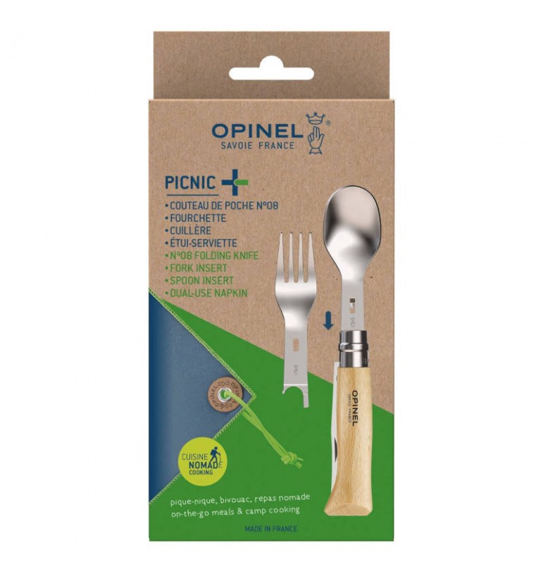 un seul manche Couteau n°8 couverts pique-nique picnic fourchette cuillère emboitable bois hêtre pochette tissu Opinel