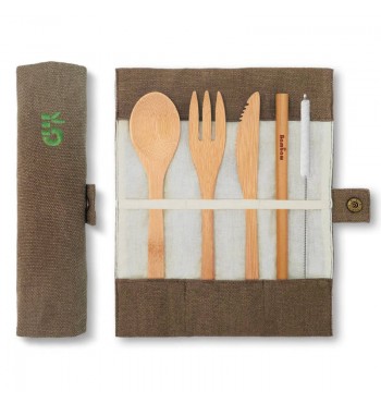 Set de couverts pique-nique en bambou avec pochette COTON BAMBAW couteau fourchette cuillère paille