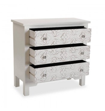 meuble Commode blanche 3 tiroirs à motifs fleurs en relief patine