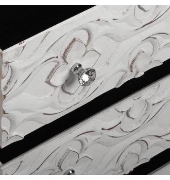 Commode blanche boutons diamants 3 tiroirs à motifs fleurs en relief patine