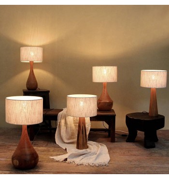 Lampes bois teck massif abat-jour fibres lin blanc raw Materials