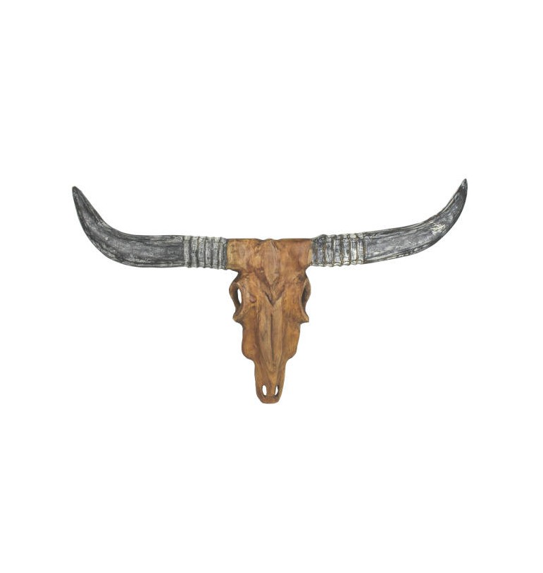 Tête de buffle décorative bois teck massif crâne cornes bison HSM