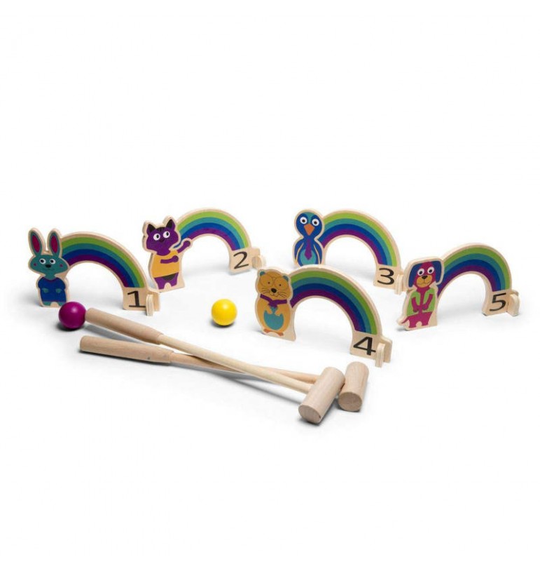 Wooden rainbow animals croquet set