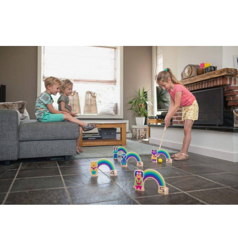 Wooden rainbow animals croquet set