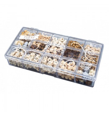 Boîte de perles naturelles 13 formes bois buki