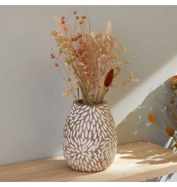 Vase rond Pétales blancs en bois de manguier fleurs séchées