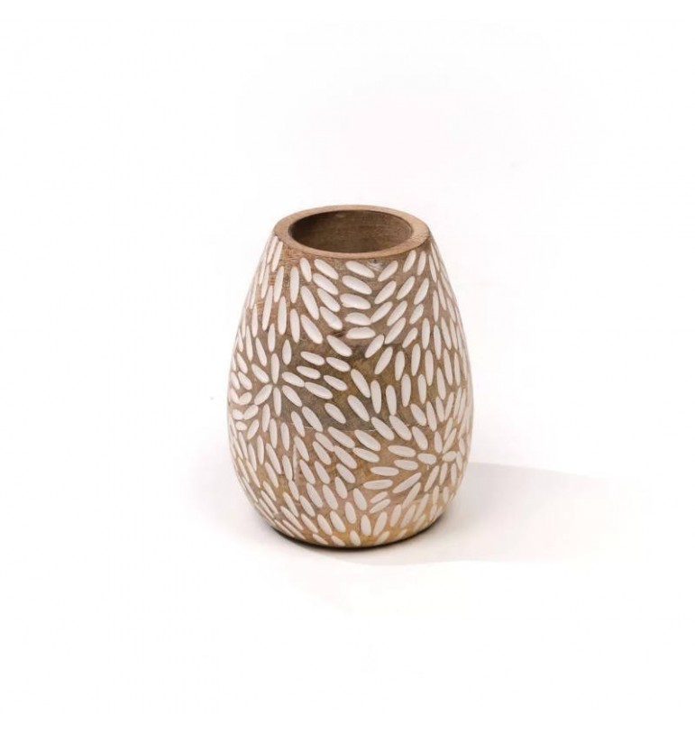 Vase rond Pétales blancs en bois de manguier massif
