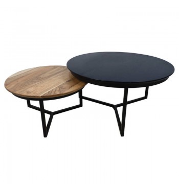 Duo de tables basses rondes bois acacia massif métal pieds noirs