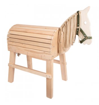 Cheval d'équitation avec coffre rangement en bois brut poney