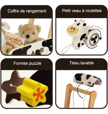 Trotteur rangements jouets Vache veau bois hévéa I'm Toy puzzle lavable