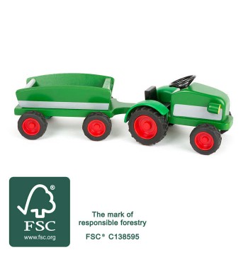 Tracteur vert + remorque benne en bois certifié label FSC