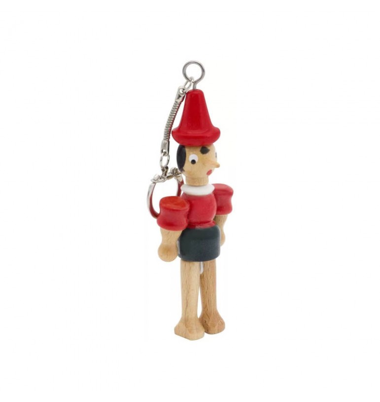 Porte-clés Pinocchio articulé 10cm en bois rouge nez long