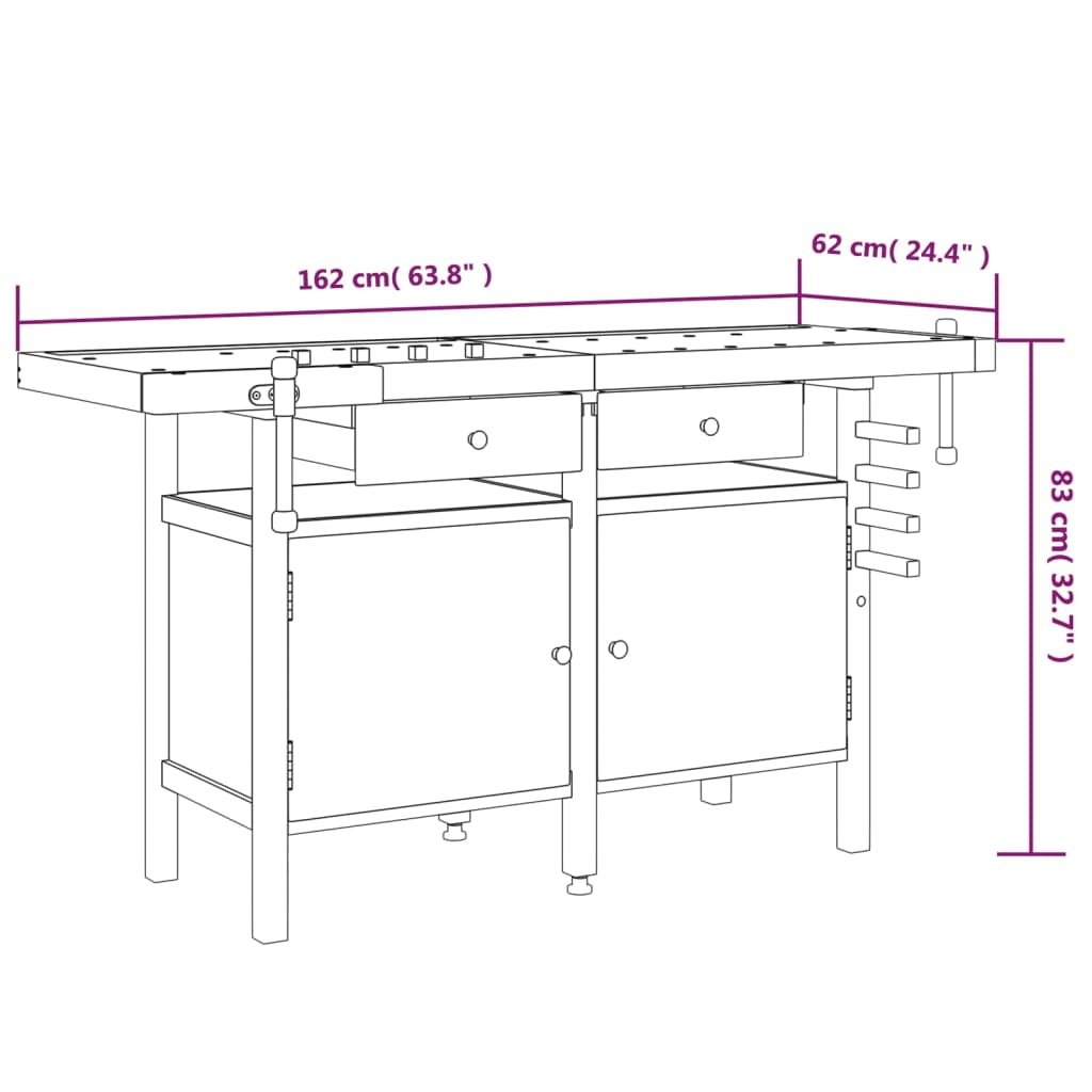Établi tiroirs armoires 2 étaux serrage 162x62cm bois acacia massif