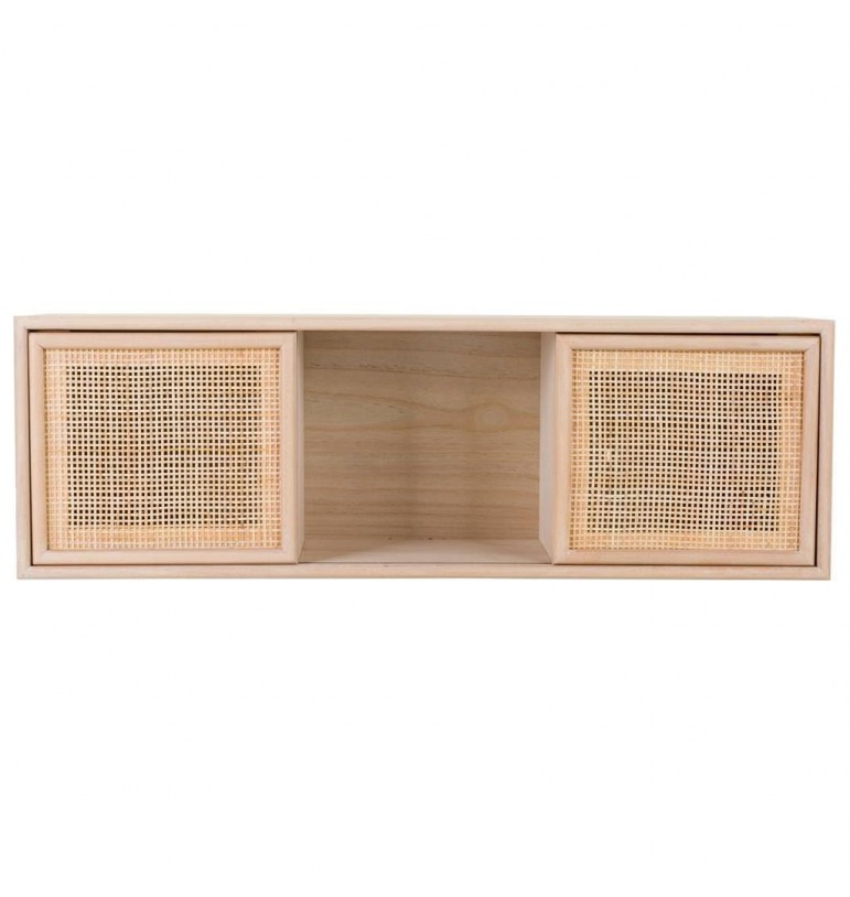 Etagère murale 81cm avec portes coulissantes cannage rotin  crochets bois clair