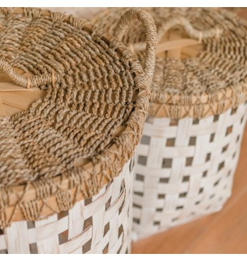 Panier à linge en bois bambou blanc avec couvercle tressé jonc de mer grand modèle poignées léger Soeji