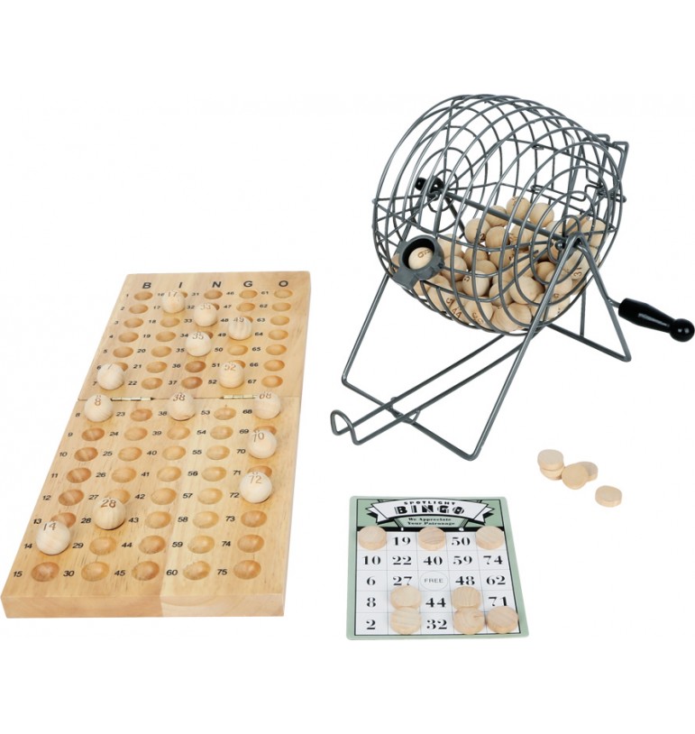 jeu de table bingo. barils de loto en bois avec sac, cartes à