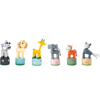 Figurines animaux articulées poussoir en bois - Eléphant, lion, zèbre,  renard, girafe et crocodile