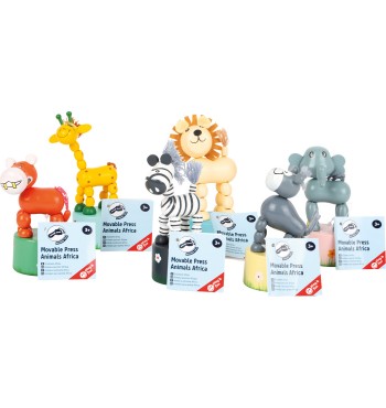 Figurines animaux articulées poussoir en bois - Eléphant, lion, zèbre,  renard, girafe et crocodile