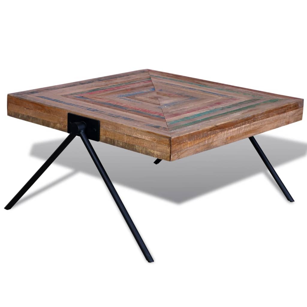 Table basse carré design en bois teck recyclé massif couleur pieds Fer noirs