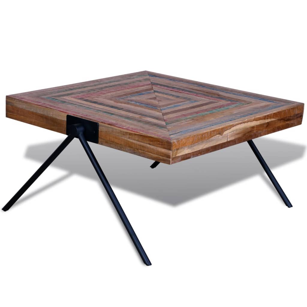 exemple Table basse carré design en bois teck recyclé massif couleur pieds Fer noirs