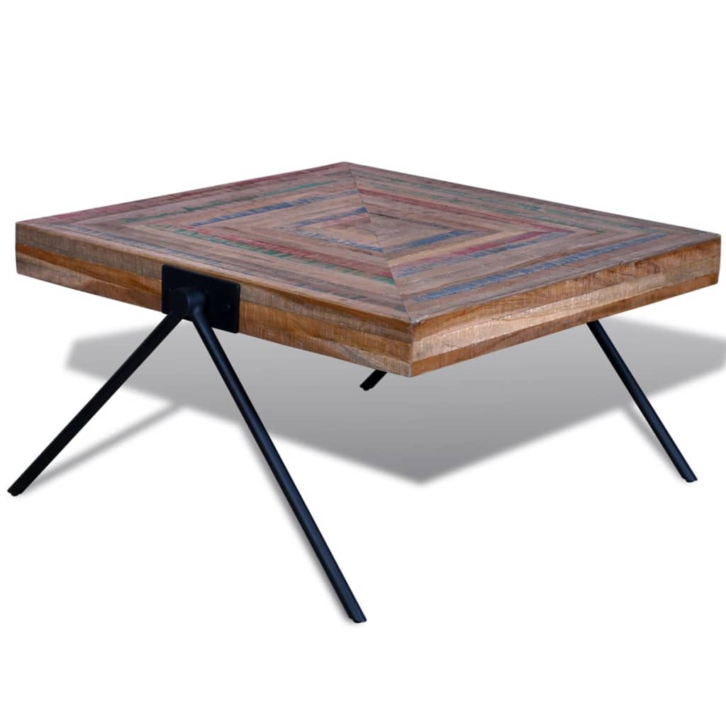exemple Table basse carré design en bois teck recyclé massif couleur pieds Fer noirs