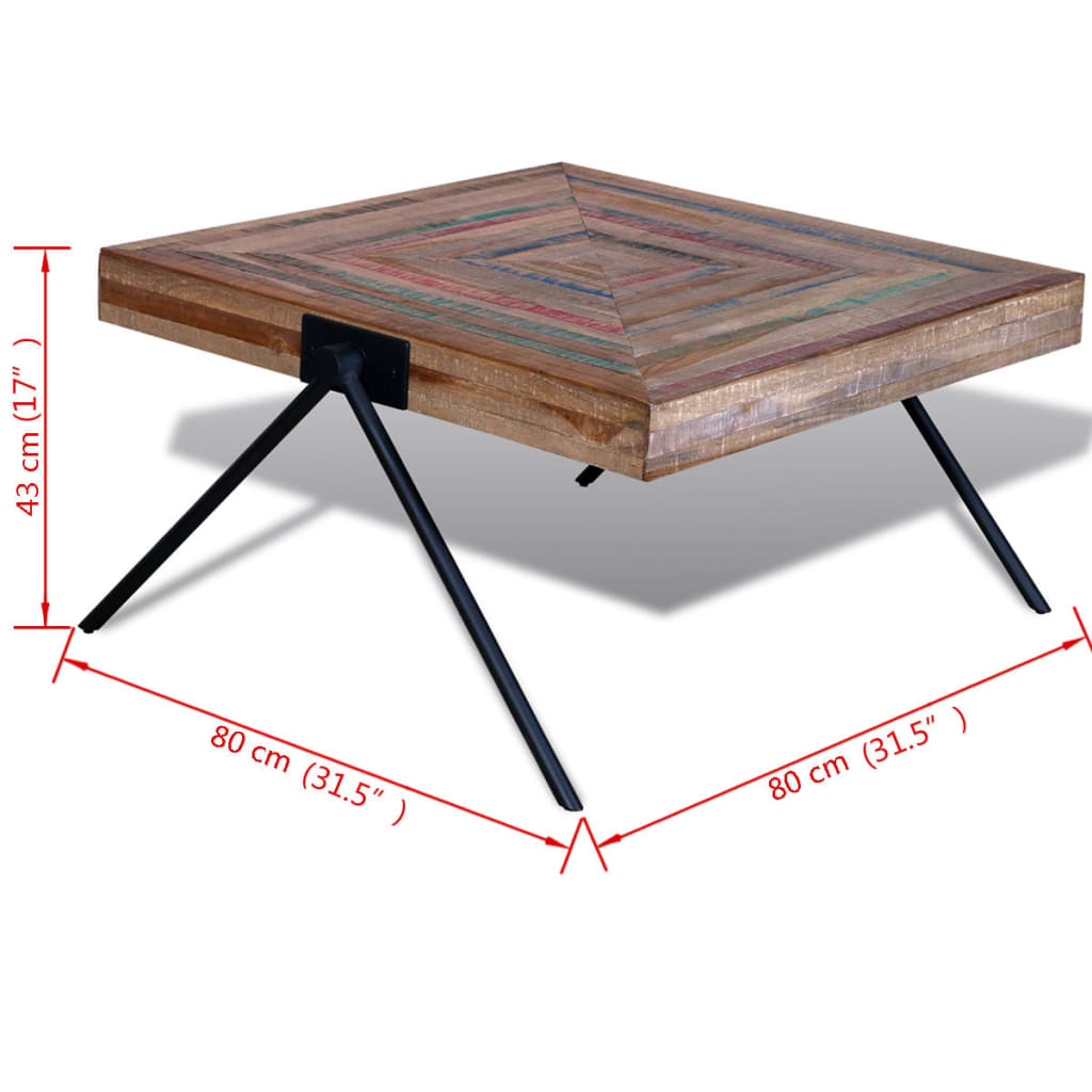 dimensions Table basse carré design en bois teck recyclé massif couleur pieds Fer noirs