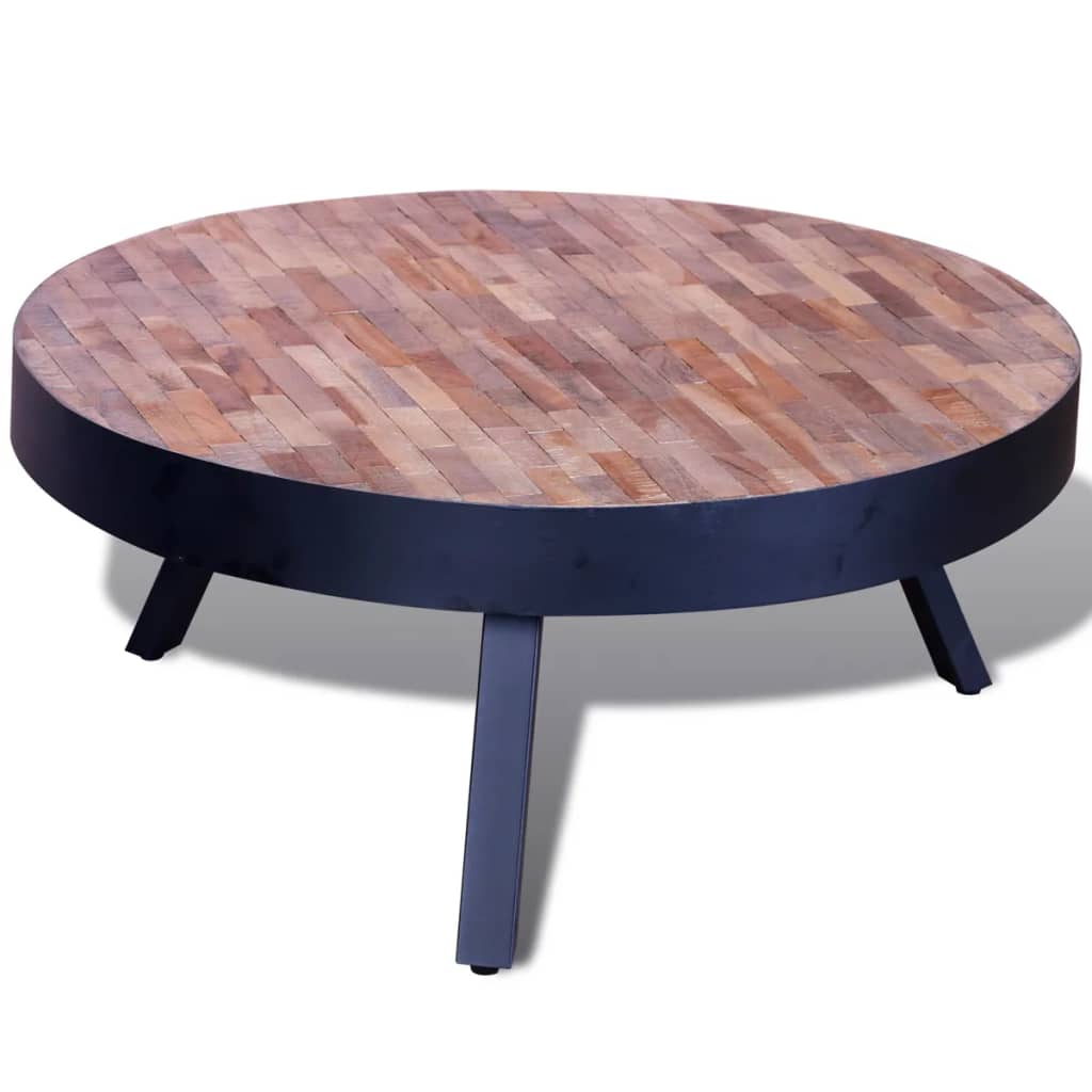 Table basse ronde en bois de teck massif recyclé pieds noirs métal