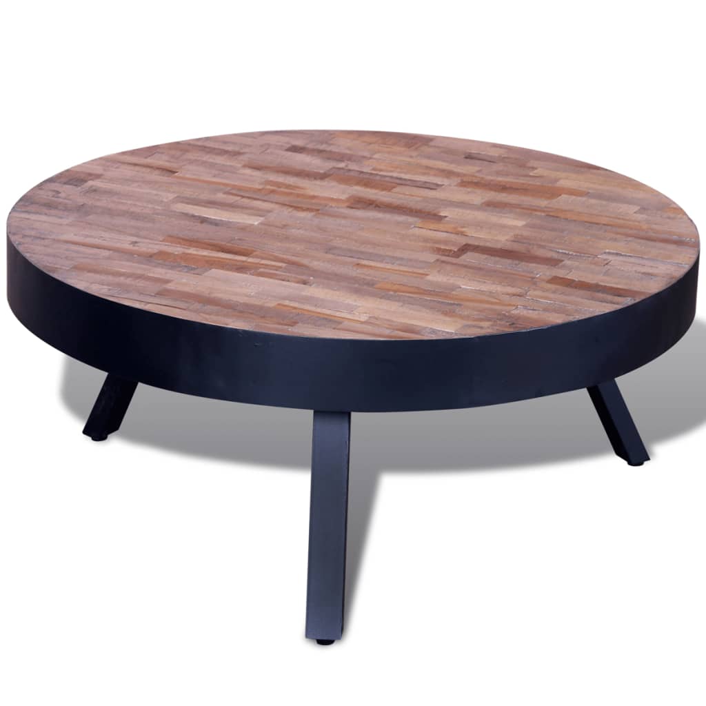 exemple  Table basse ronde en bois de teck massif recyclé pieds noirs métal