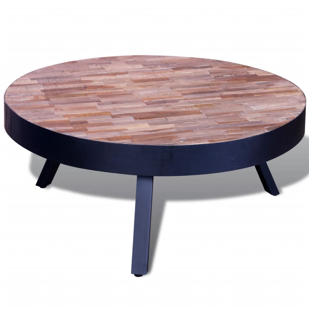 exemple Table basse ronde en bois de teck massif recyclé pieds noirs métal