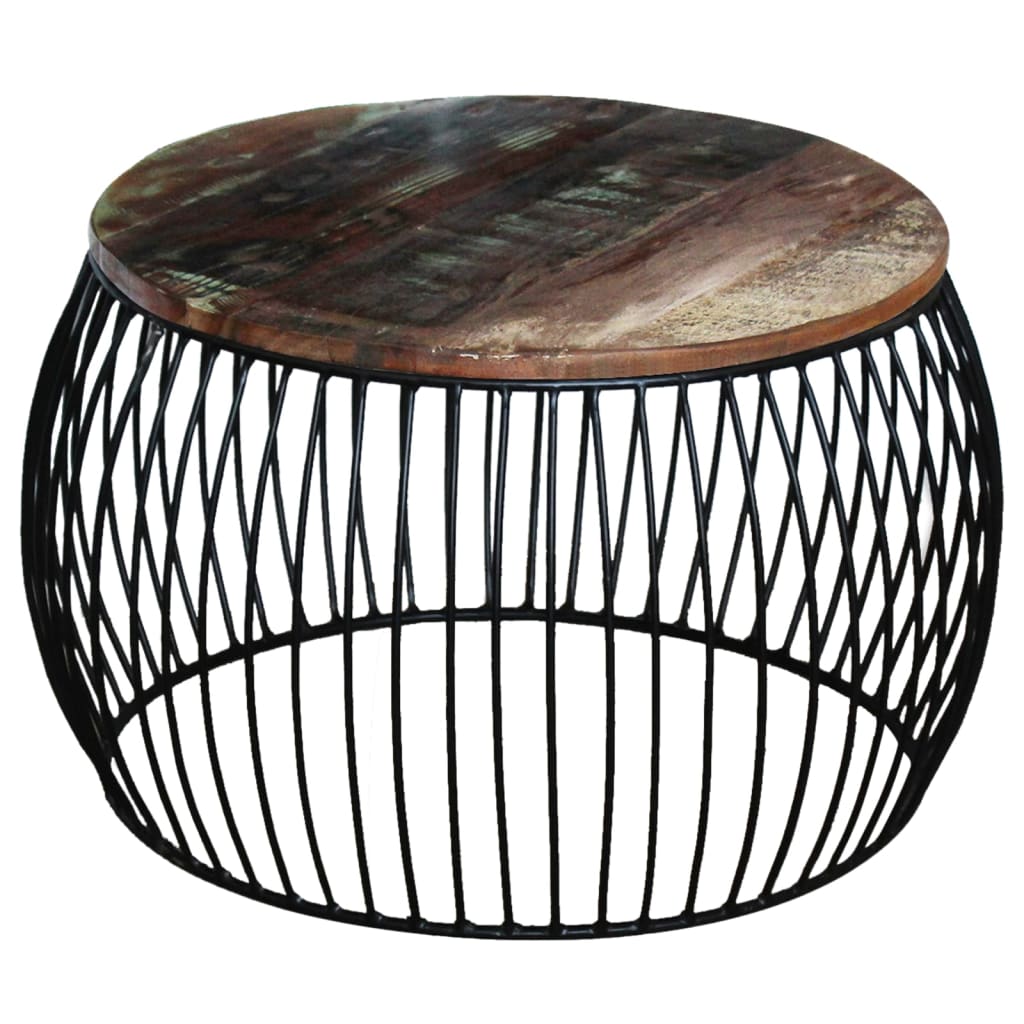 exemple Table basse ronde en bois de récupération massif pied fils fer noirs