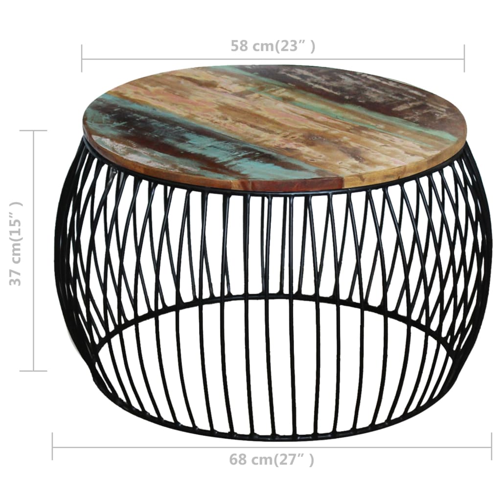 dimensions Table basse ronde en bois de récupération massif pied métal noir