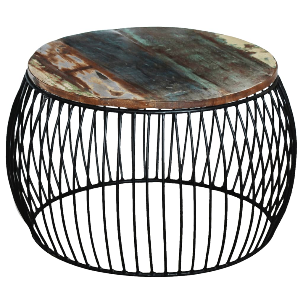 exemple Table basse ronde en bois de récupération massif pied métal noir