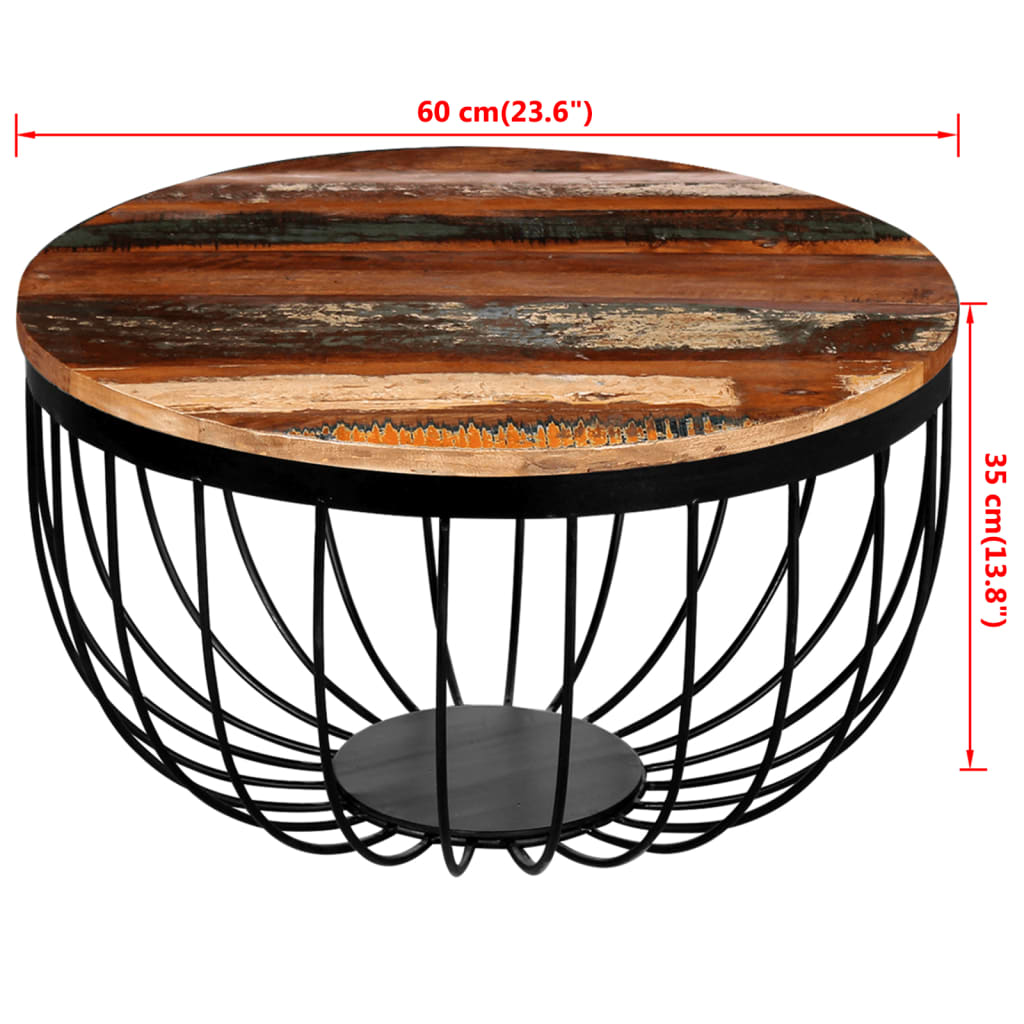dimensions Table basse ronde pied en fils de Fer noirs plateau en bois recyclés