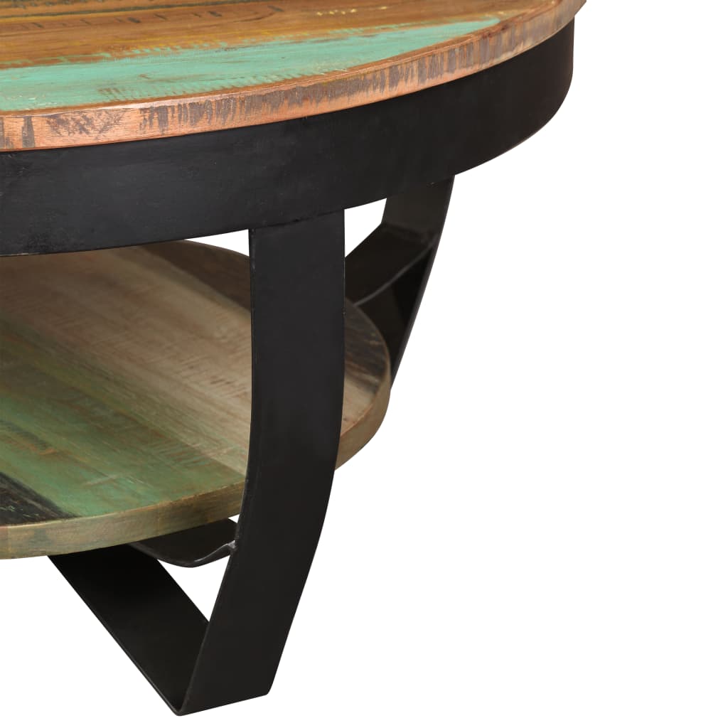 Table basse ronde en bois recyclés massifs récupération  pieds noirs acier