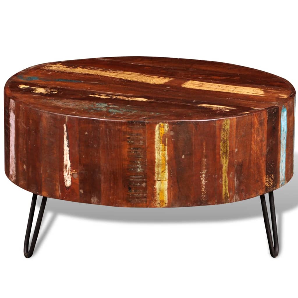 Table basse ronde en bois récupération pieds métal noir couleurs