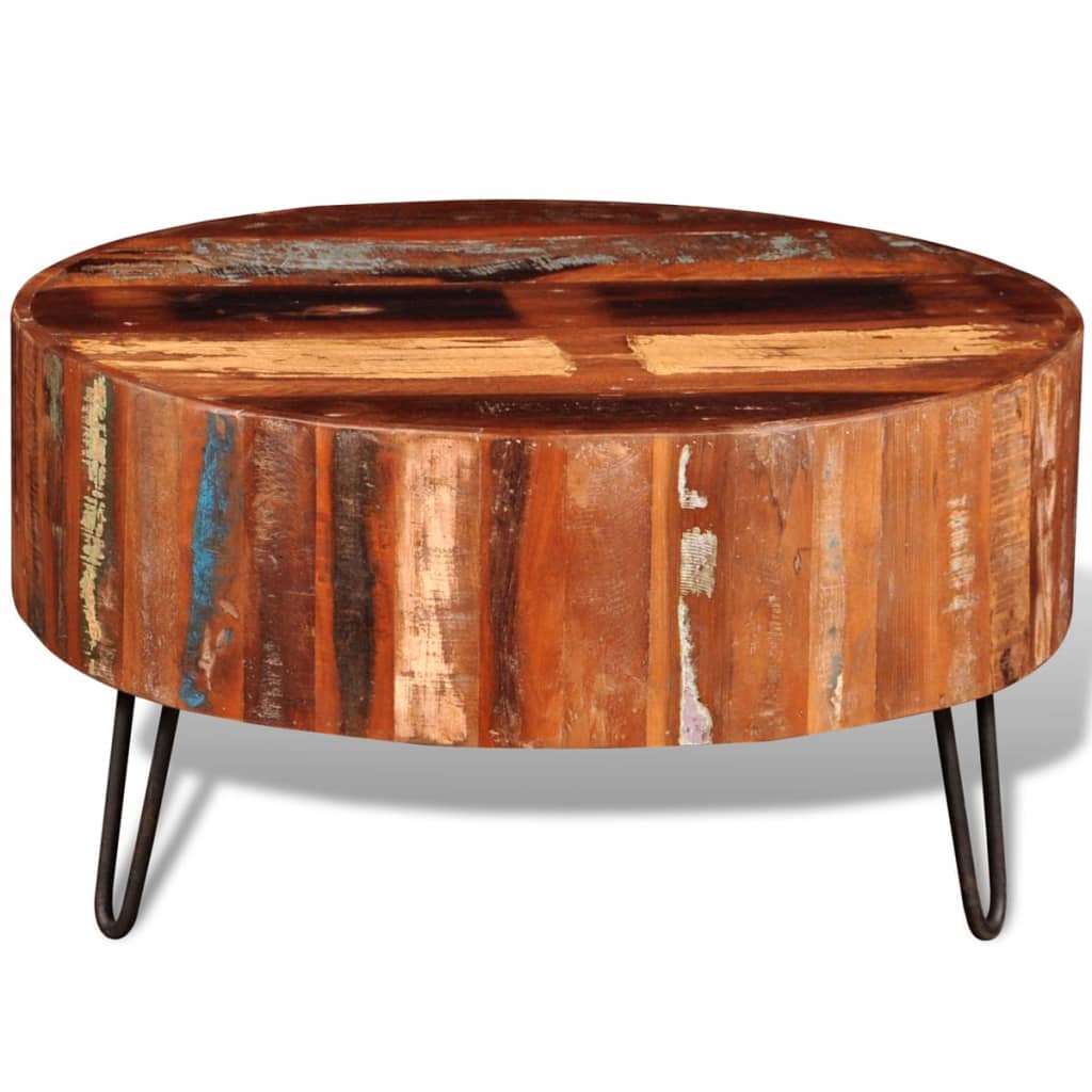 exemple Table basse ronde en bois récupération pieds métal noir couleurs