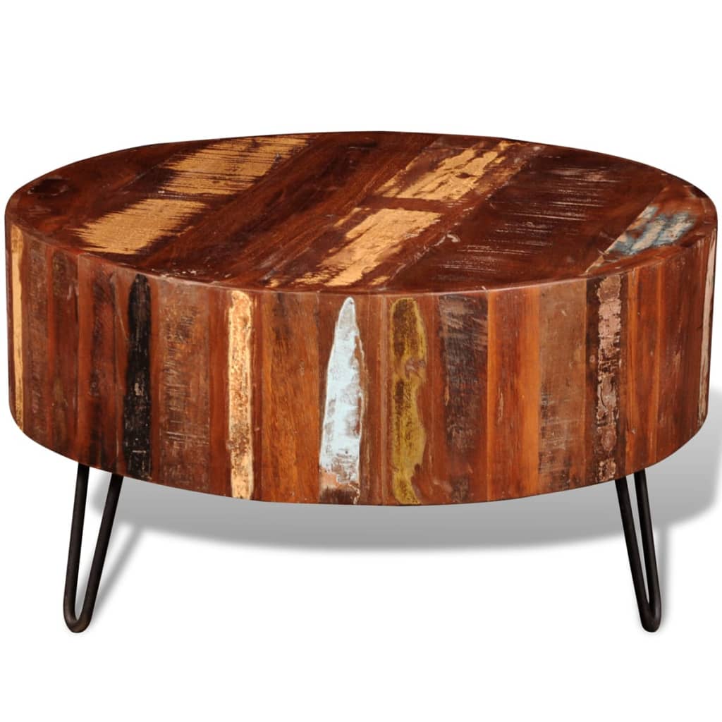 autre exemple Table basse ronde en bois récupération pieds métal noir couleurs