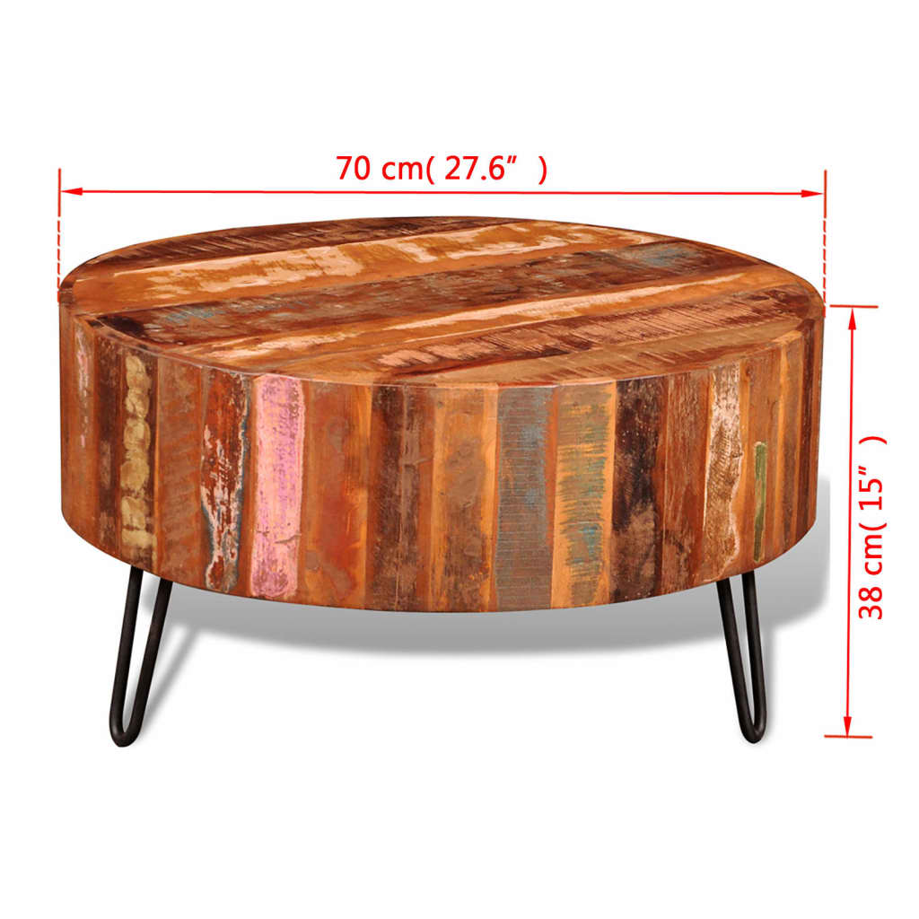 dimensions Table basse ronde en bois récupération pieds métal noir couleurs
