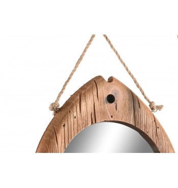 fixation Miroir forme Poisson avec corde attache en bois massif