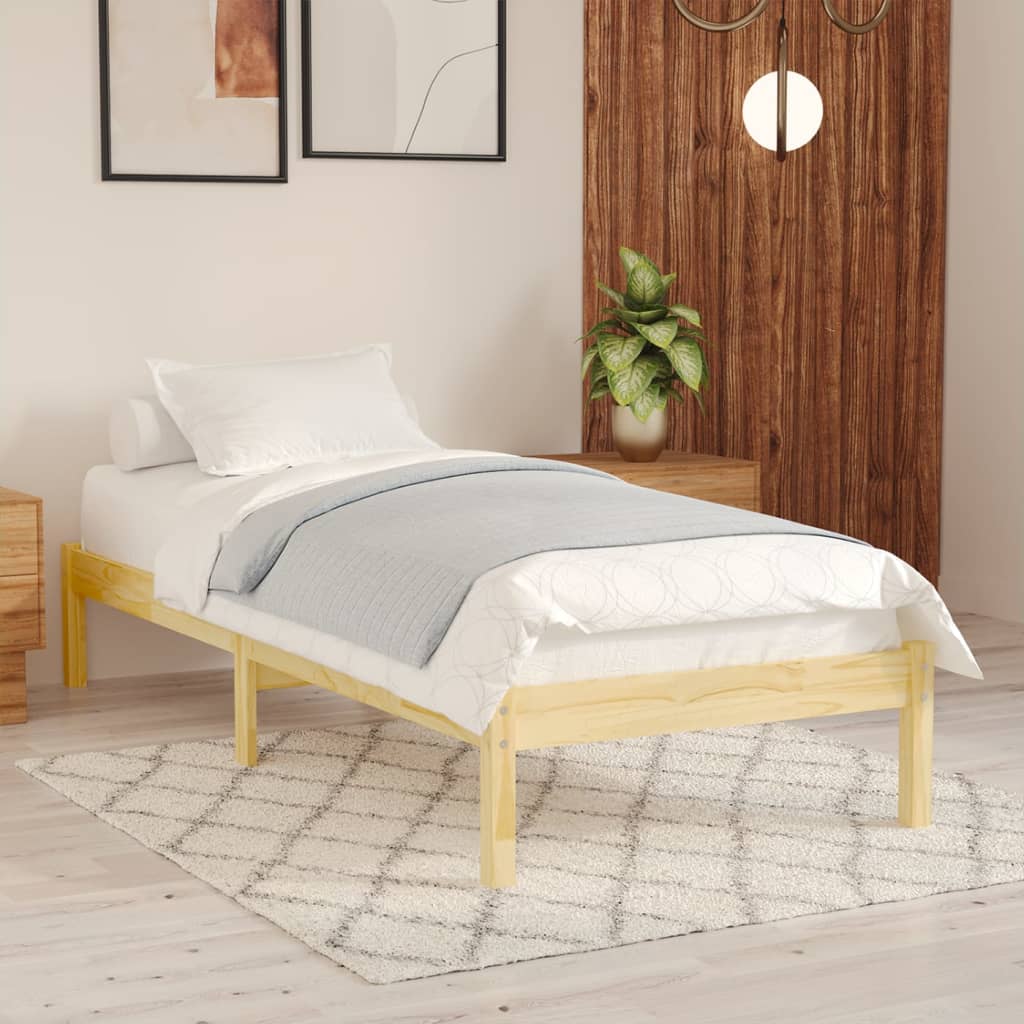 Cadre de lit en pin massif clair 90x200 sommier en bois clair style rustique lattes sans matelas